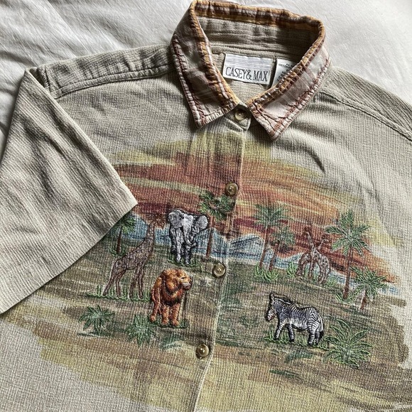 Casey & Max Tops - Vtg Casey & Max Safari Animal Embroidered Button Up Shirt Womens L Beige Africa